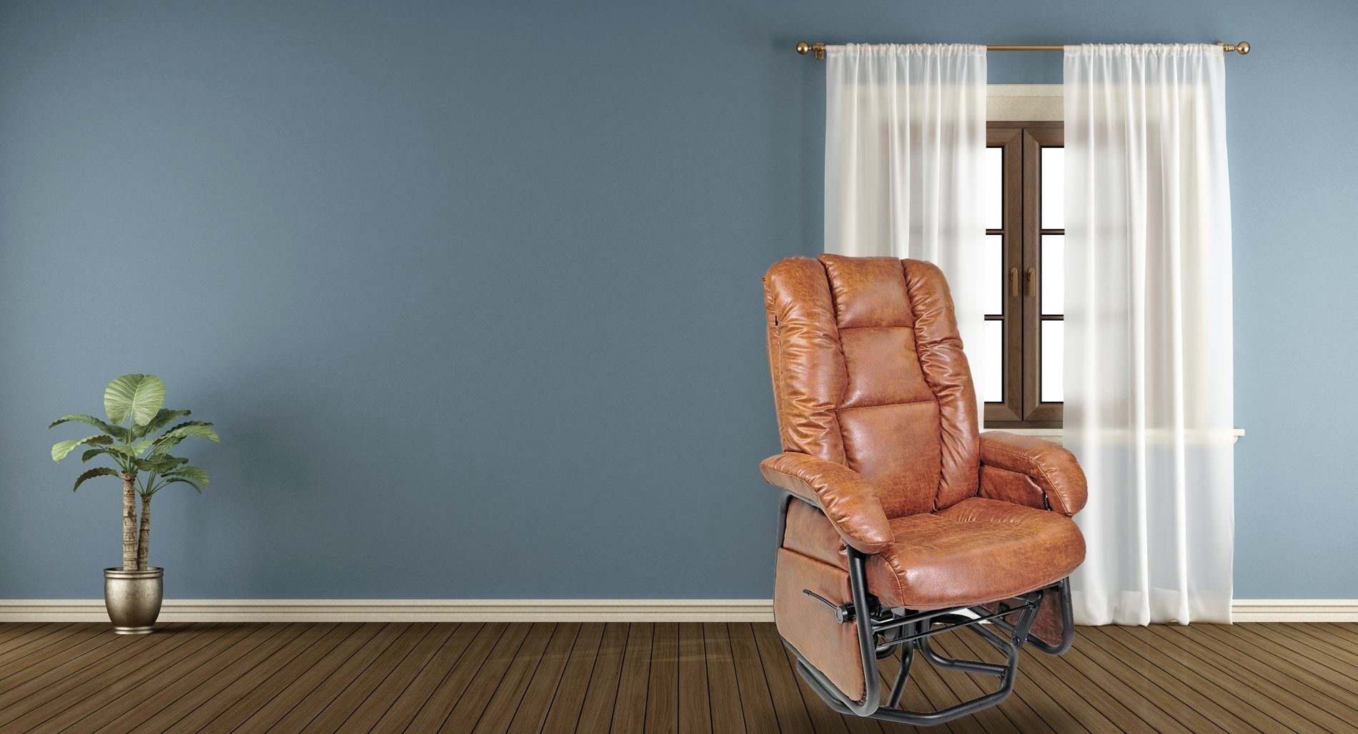 Un fauteuil PEL de la collection PEL, cuir cognac sur piètement d'acier noir, posé devant une fenêtre voilée dans une pièce au mur bleu