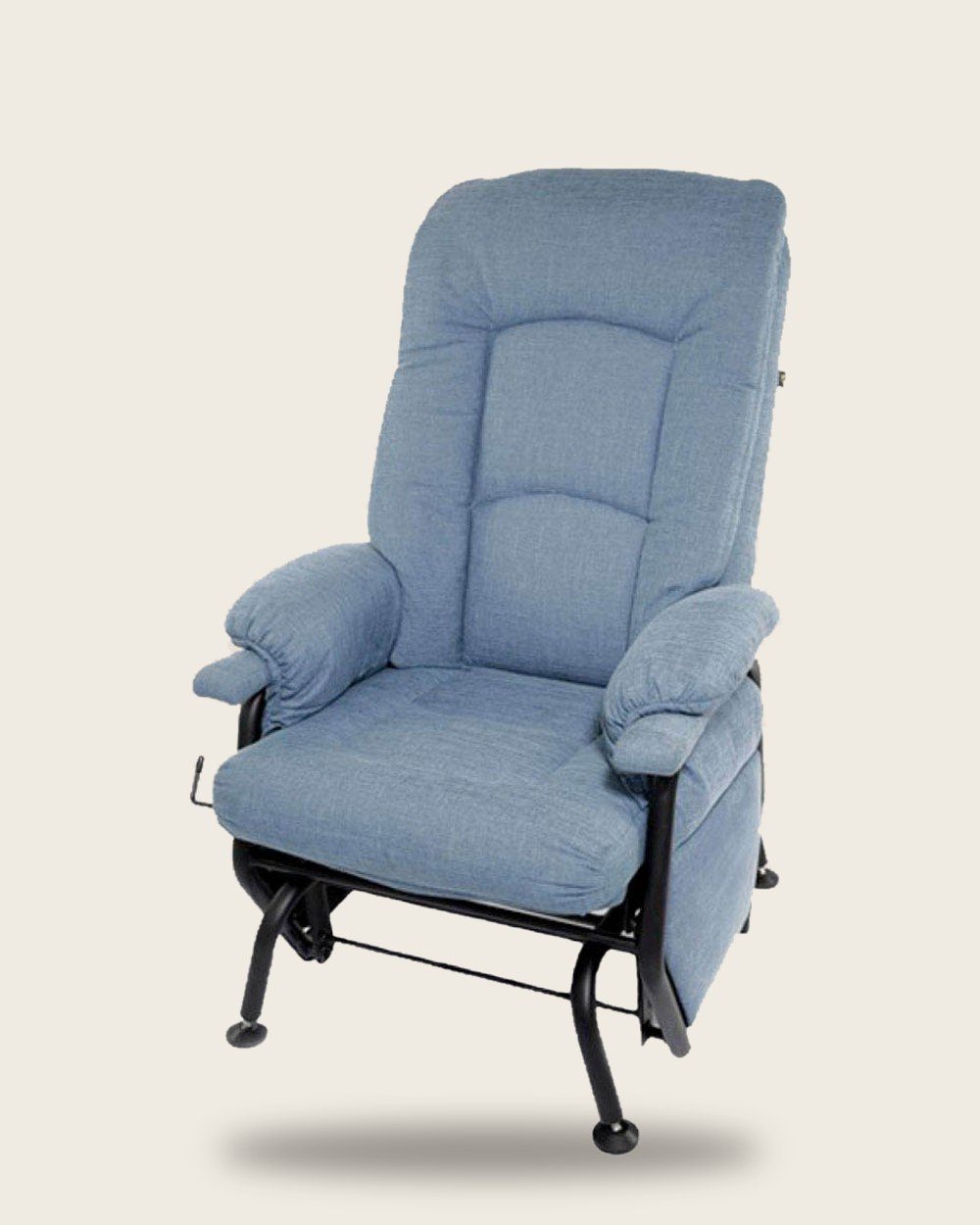 Fauteuil de la collection AGE, tissu bleu pâle, pattes réglables en hauteur